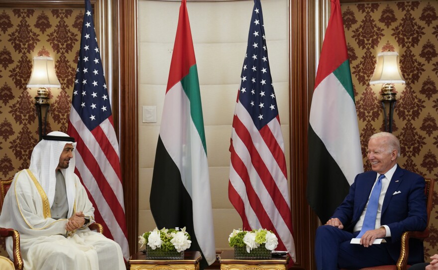 President Biden meets with Abu Dhabi's Crown Prince Mohammed bin Zayed Al Nahyan on Saturday in Jeddah, Saudi Arabia.