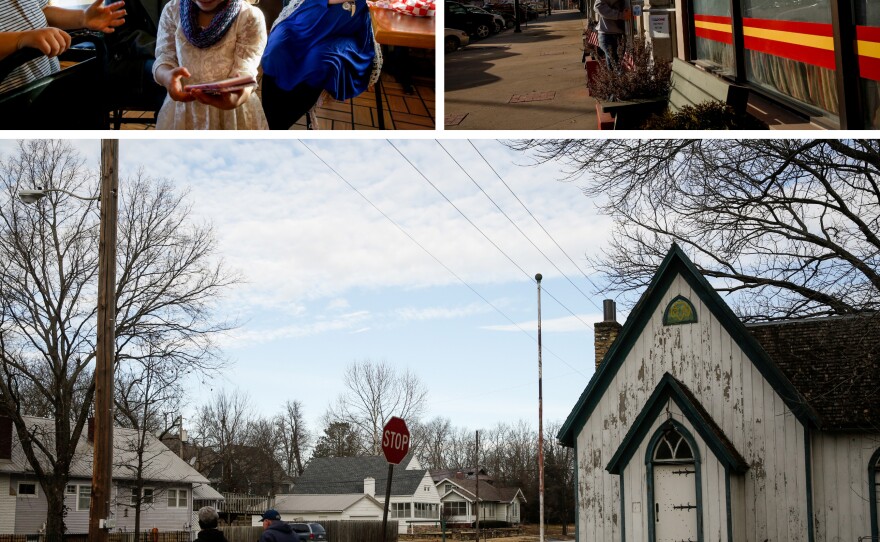 (Top left) MaKinnley Craig and Elias Benefiel, both 4, play in Ane Mae's while their moms look on. (Top right) Outside Ane Mae's Coffee and Sandwich Shop downtown. (Bottom) A couple out for a walk on East Locust Street.