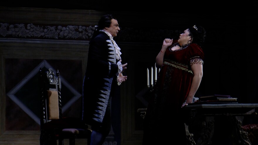 Greer Grimsley as Scarpia and Michelle Bradley as Tosca in San Diego Opera's "Tosca." March 23, 2023.