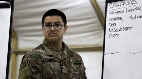 Spc. Johnathan Ramirez with the Special Troops Battalion, 300th Sustainment Brigade, writes down risk factors that will increase the chances of suicide during in the Army Ask - Care - Escort (ACE) Suicide Intervention training at Camp Arifjan, Kuwait, Feb. 8, 2019. 