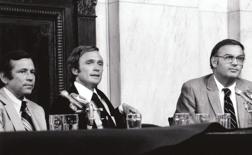 "The Dick Cavett Show" of Aug. 1, 1973 on location from the Senate Watergate Committee hearing room in Washington D.C. Dick Cavett is in the center flanked by Committee Vice-Chairman, Senator Howard Baker (left) and Senator Lowell Weicker (right).