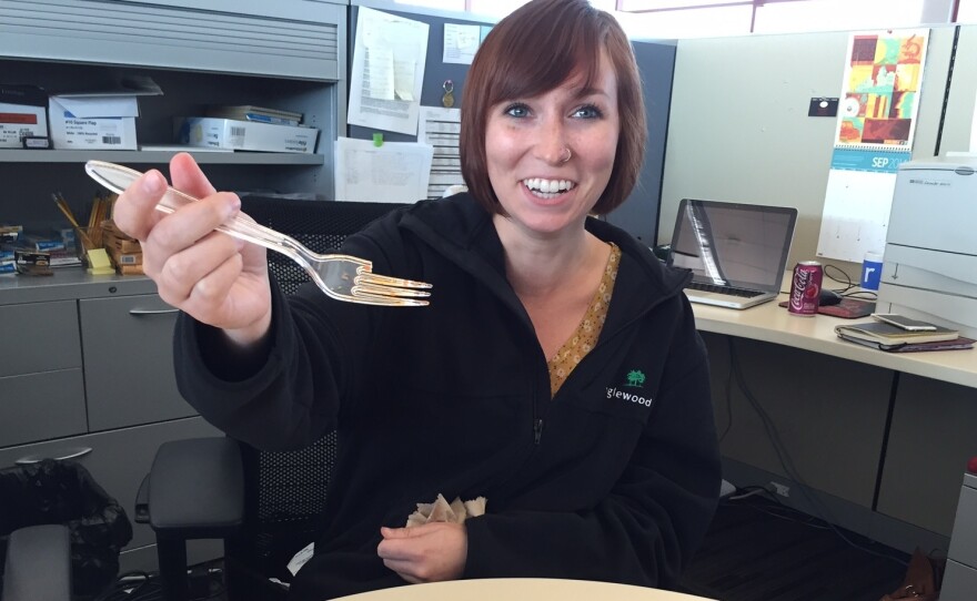 Pizza Cake broke Kelsie's fork. Unfortunately, the NPR Internship Program gives one plastic fork to each participant, to last the entirety of their internship.