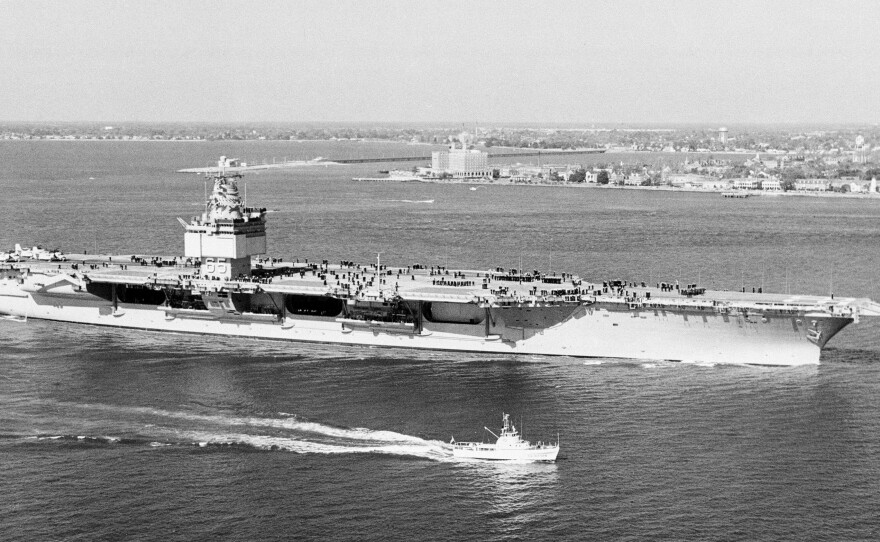 The USS Enterprise, the world's first nuclear-powered aircraft carrier, travels for performance trials in Norfolk, Va., in 1961.