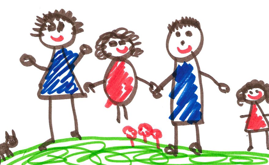 Examples of a family drawing assessment: (Top) is from a child scored with minimal indicators of family dysfunction; (bottom) is from a child scored with elevated levels of family dysfunction.