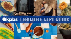 A collage features San Diego neighborhood sign ornaments, photography, baking classes and a crocheted cactus. Text overlay reads "KPBS | Holiday Gift Guide."