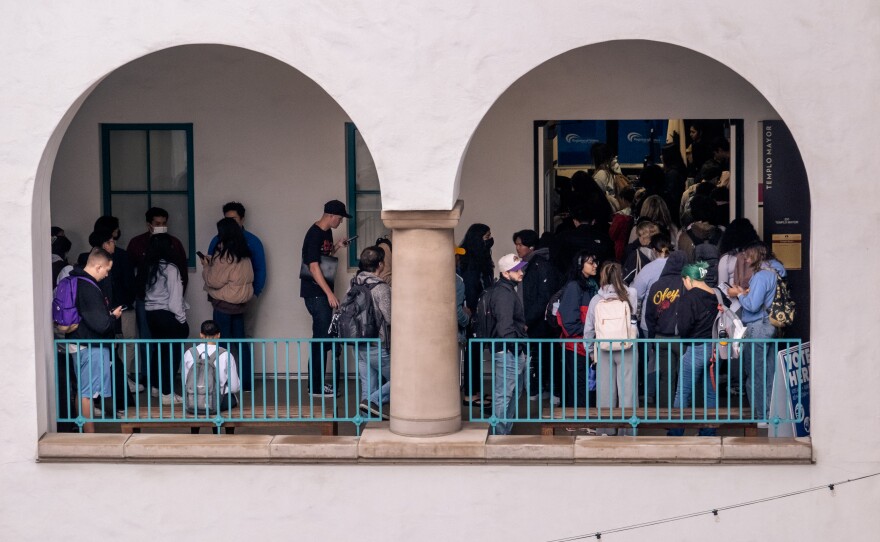 Students crowd into the on-campus polling place at San Diego State University, Nov. 8, 2022.