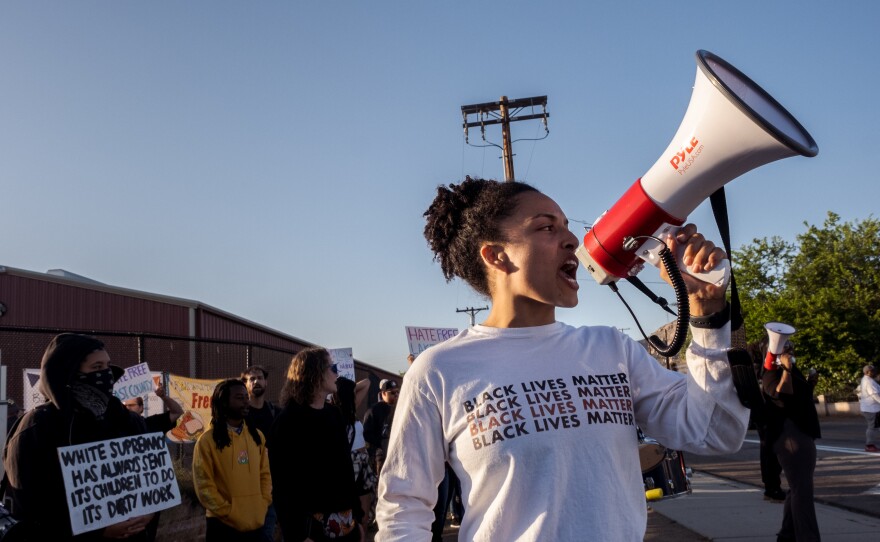 Danielle Wilkerson an organizer for the activist group East County BIPOC (@Eastcountybipoc) leads the rally and protest in Lakeside in response to the stabbing of a teenage girl by a 16-year-old boy in an apparent hate crime, Lakeside April 23, 2022.
