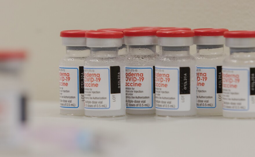 Vials of the Moderna COVID-19 vaccines are seen at the Covenant Place assisted living facility in Sumter, S.C.