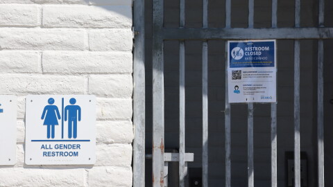 The entrance to a shuttered bathroom in Mission Bay Park is shown on Aug. 12, 2026.