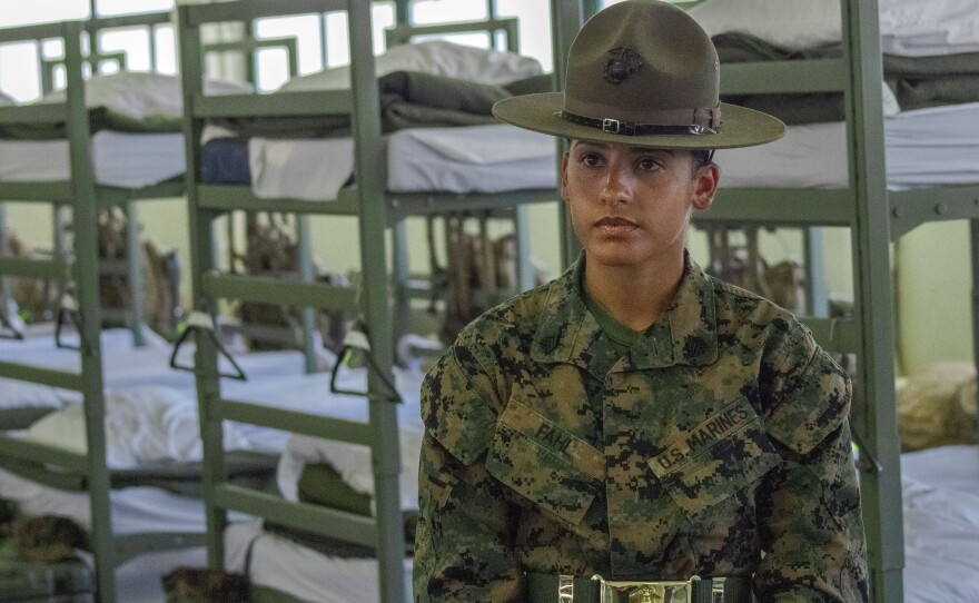 Marine Corps drill instructor Sgt. Stephanie Fahl in the barracks at Camp Pendleton, April 7, 2021.