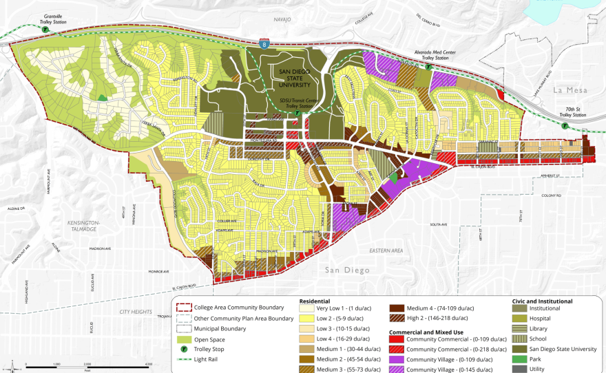 A map showing the proposed land use in the City of San Diego Planning Department's College Area Community Plan draft update.