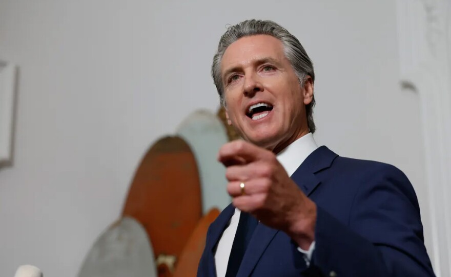 Gov. Gavin Newsom addresses the media during a press conference with a delegation of Texas Democrats who fled their state over the GOP redistricting plan, at the Governor's Mansion State Historic Park in Sacramento, on Aug. 8, 2025.