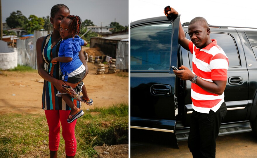 "Looking good is business," says Angie Kolanta, 28, holding her 2-year-old daughter, Philomena, on her hip. Right: "Even if poor, even if without a job, Liberians still spend money on clothes," says Muhammed Trawally, 33, who works as a driver. "They value appearance over everything."