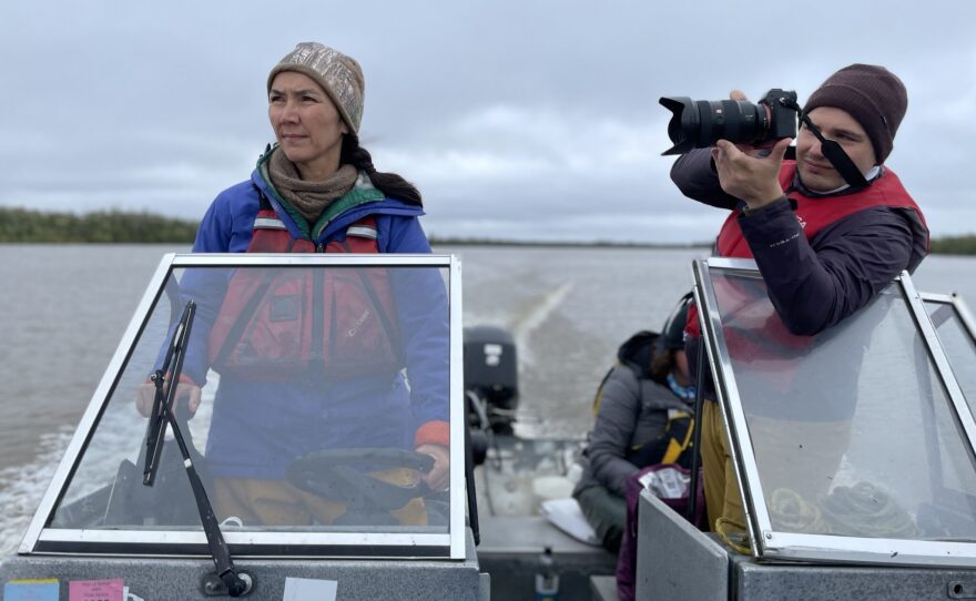 A camera crew documents Mary Peltola fishing for a campaign ad.