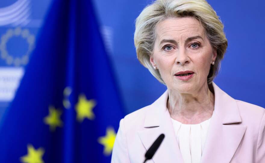 European Commission President Ursula von der Leyen making a statement in Brussels on April 27 following the decision by Russian energy giant Gazprom to halt gas shipments to Poland and Bulgaria.
