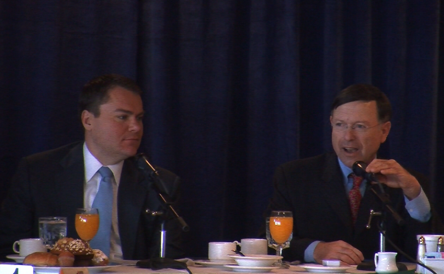 Ex-City Councilman and mayoral candidate Carl DeMaio and City Attorney Jan Goldsmith at a SDCTA forum.