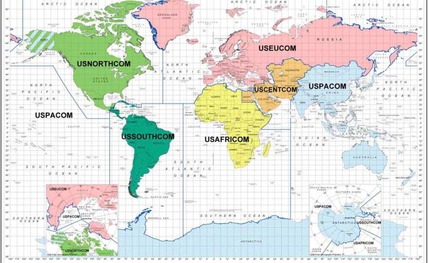 This map shows U.S. military commanders' areas of responsibility throughout the world.