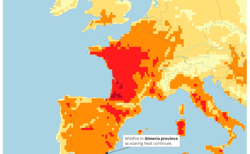 A map of Europe shows southern Spain's Almeria province, where a wildfire has struck amid high temperatures across the continent.