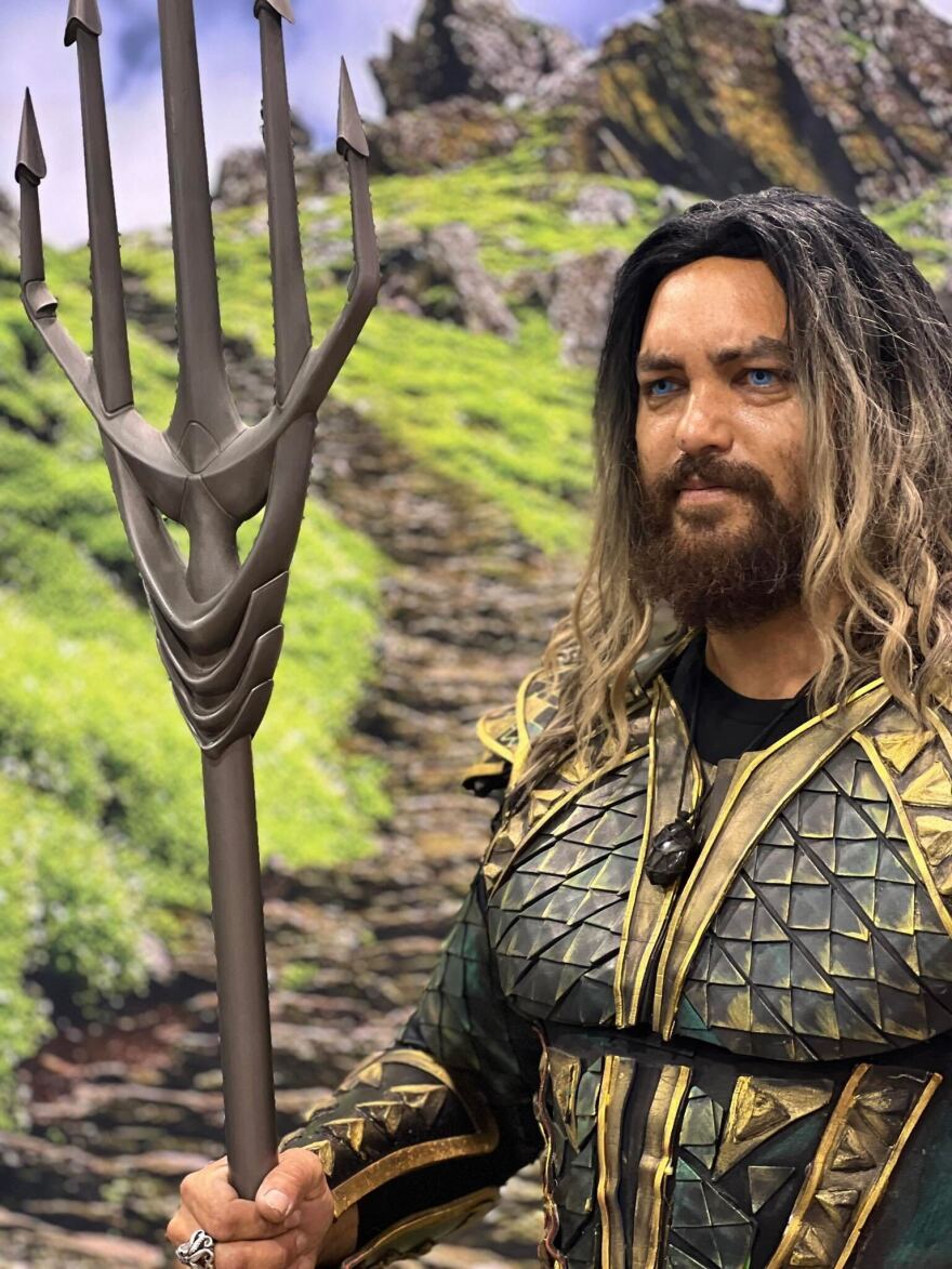 Adam Murillo, in an undated photo, cosplays as Aquaman and fabricated the costume.