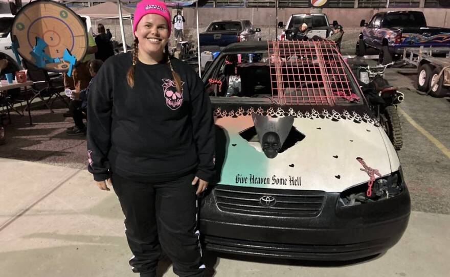 Bekkah Doyle at the Irwindale Speedway in an undated photo. She says she’s feeling good before the destruction begins. 