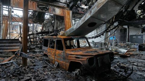A view of the damages at Hypercar, an auto service center, which according to the company's officials were caused by strikes on March 1, in Tehran, Iran, Saturday, March 28, 2026.