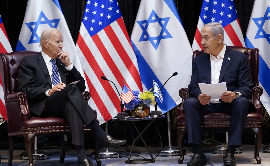 President Joe Biden and Israeli Prime Minister Benjamin Netanyahu participate in an expanded bilateral meeting with Israeli and U.S. government officials, Oct. 18, 2023, in Tel Aviv.