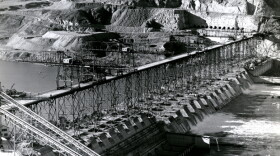 Grand Coulee Dam Construction looking at the spillway east to west.