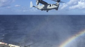 A MV-22 Osprey from Medium Tilt Rotor Squadron amphibious transport dock ship USS New Orleans is pictured off the coast of Southern California, Nov. 3, 2015.
