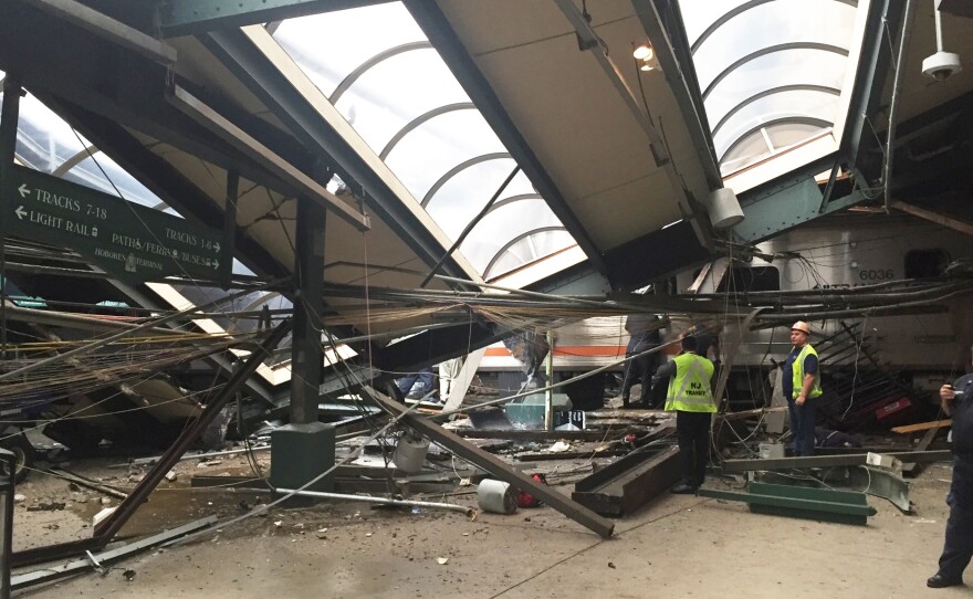 A portion of the roof collapsed after a New Jersey Transit train crashed into the platform at Hoboken Terminal on Thursday morning.