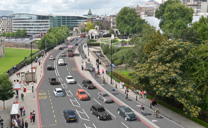 An artist's conception shows the two-way cycle track on Tower Hill that is part of London's new plan to boost its bicycle infrastructure.