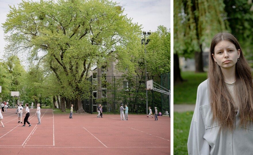 Left: Students play outside at Primary School no. 148, in Warsaw; Right: Diana Norchak, 15, currently studies at Poland's Warsaw Ukrainian School.