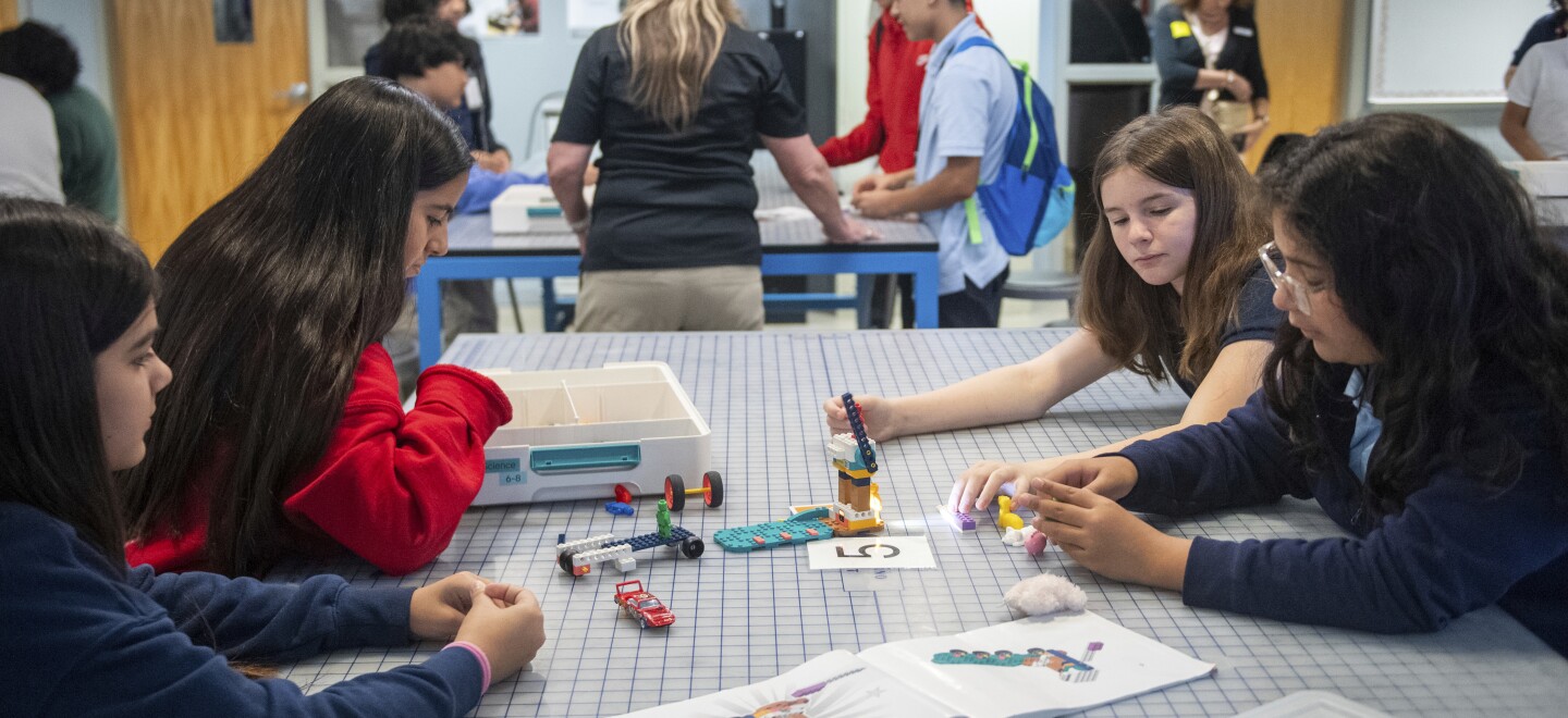 Students work on a project during a LEGO Education science lesson at Lorenzo De Zavala Middle School on Thursday, Aug. 21, 2025, in Irving, Texas.