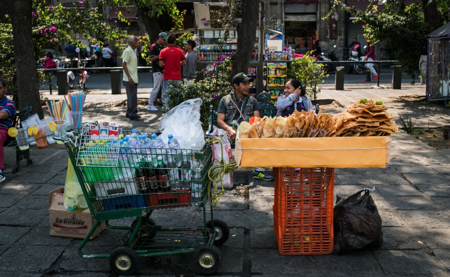 A variety of fried snacks and soft drinks are for sale in Mexico City's Centro Historico neighborhood.