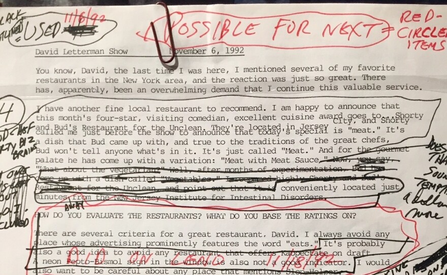 George Carlin's marked-up script for a 1992 appearance on the Late Show With David Letterman.