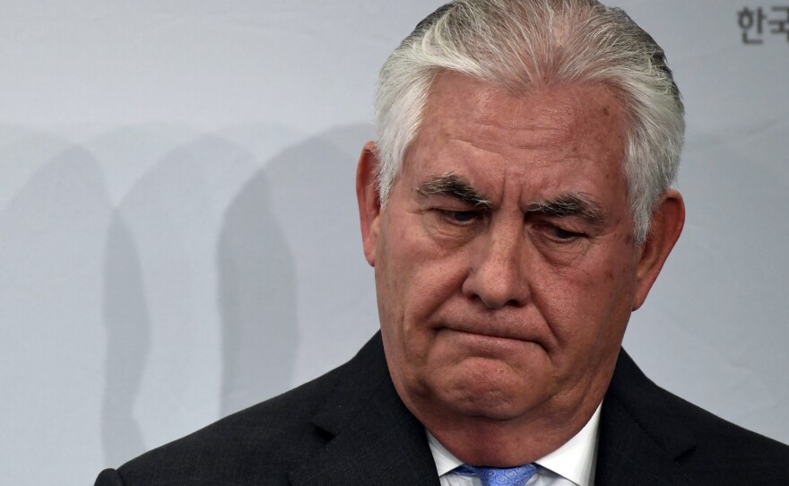 Secretary of State Rex Tillerson waits to speak at the 2017 Atlantic Council-Korea Foundation Forum in Washington, D.C., on Tuesday. He told the audience the U.S. shouldn't require North Korea to promise to give up its nuclear weapons as a condition of holding talks.