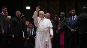 Pope Leo XIV leaves at the end of a meeting for peace at Saint Joseph's Cathedral in Bamenda, Cameroon, with the local community, April 16, 2026, on the fourth day of his 11-day pastoral visit to Africa.
