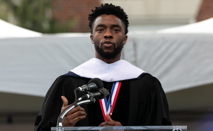 Actor and alumnus Chadwick Boseman delivers the keynote address at Howard University's commencement ceremony for the 2018 graduating class. Boseman received an honorary degree, Doctor of Humane Letters. (Photo by Cheriss May) (Photo by Cheriss May/NurPhoto via Getty Images)