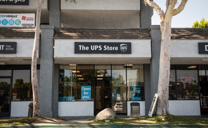 San Diego Unified School District gave a $52 million no-bid COVID testing contract to an LLC that lists its address as a drop box in this Los Alamitos UPS store, June 1, 2022. 