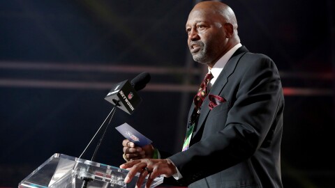 NFL Legend Monte Coleman announces a selection for the Washington Football Team during the 2nd round of the NFL football draft, Friday April 29, 2021, in Cleveland.