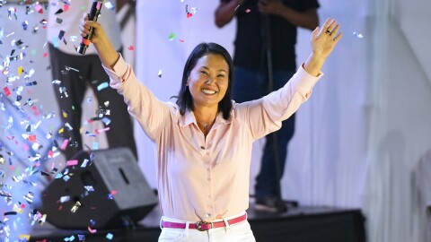 Presidential candidate Keiko Fujimori, of the Popular Force party, waves to supporters in San Juan de Lurigancho district in Lima, Peru, Saturday, May 9, 2026.