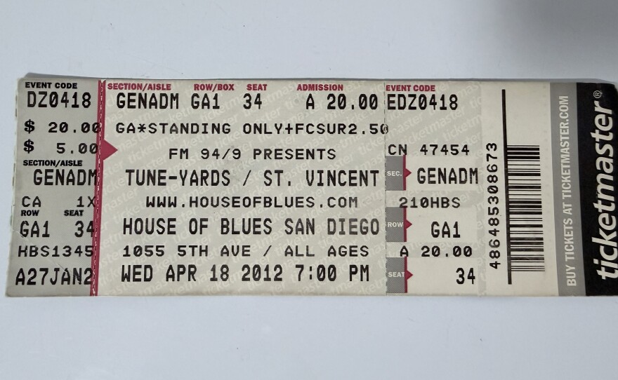 A concert ticket from 2012 for Tune-Yards and St. Vincent at House of Blues San Diego cost $20 plus $5 service fees.