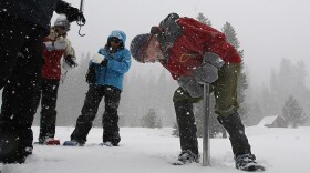 Frank Gehrke, chief of the California Cooperative Snow Surveys Program for the Department of Water Resources, checks the snowpack depth during the manual snow survey at Phillips Station near Echo Summit, Calif., March 30, 2017.