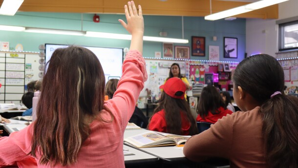 Fifth grader Frances San Giorgio raises her hand in class at Sequoia Elementary School on Thursday, Nov. 21, 2024.