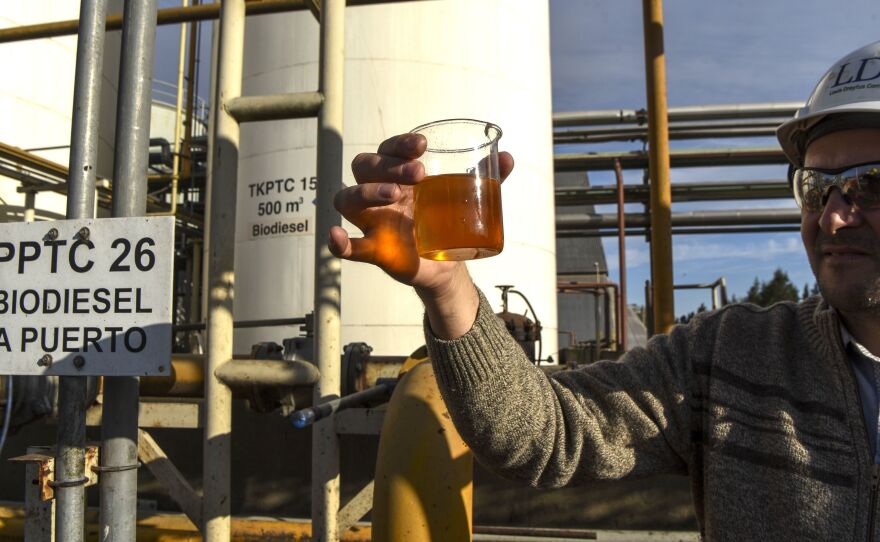 An engineer shows a sample of biodiesel at an industrial complex in General Lagos, Santa Fe province, Argentina. The United States recently imposed duties on Argentine biodiesel, blocking it from the U.S. market.