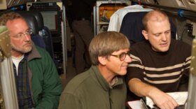 From left, Andy Watt of NCAR joins Ralph Keeling and Jonathan Bent of Scripps Institution of Oceanography, UC San Diego, on board the G-V. 