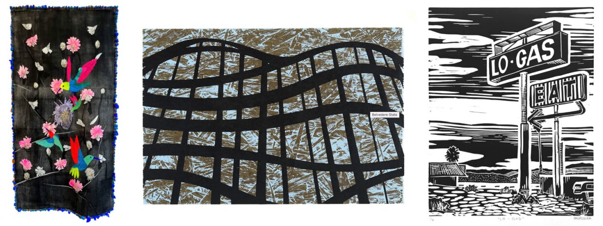 Printmaking works by artists Kelvin Lopez, Chris Lahti and Rachel Droessler (L to R) are shown in an undated image.