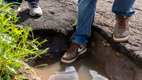Rob Campbell tests the depth of a pothole on Madrone Avenue in Skyline on Thursday, Feb. 8., 2024 — but stops short when his shoe hits water.