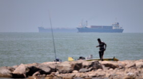 A man stands beside a fishing pole along the shore as cargo ships and commercial vessels are seen in the Strait of Hormuz off Bandar Abbas, Iran, Wednesday, June 17, 2026.