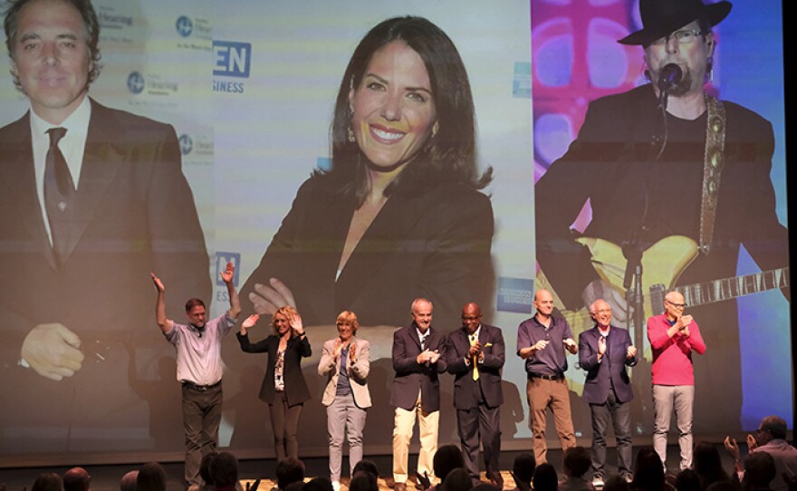 "Growing Bolder’s Launchpad to What’s Next" features an all-star team of national experts, including (from left to right): Dr. Bill Thomas; Barbara Hannah Grufferman; Diana Nyad; Dr. Roger Landry; Dr. Jim Smith Jr.; Rowdy Gaines; Bill Shafer; and Marc Middleton and (left to right on screen) Dan Buettner; Jean Chatzky; and Roger McGuinn.