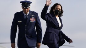 Vice President Kamala Harris arrives to board a plane at Andrews Air Force Base, Md.,Wednesday, Sept. 8, 2021, en route to California's Bay Area to campaign for California Gov. Gavin Newsom, who faces removal from office in a Sept. 14 recall election.